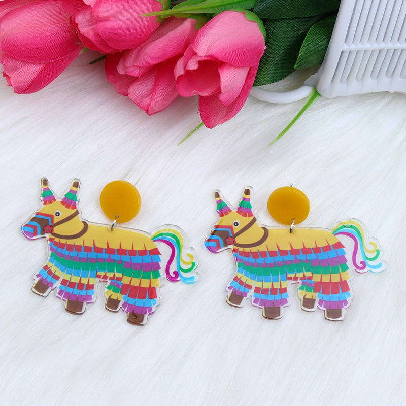 Wholesale Rainbow Pony Playing Guitar Cactus Acrylic Earrings