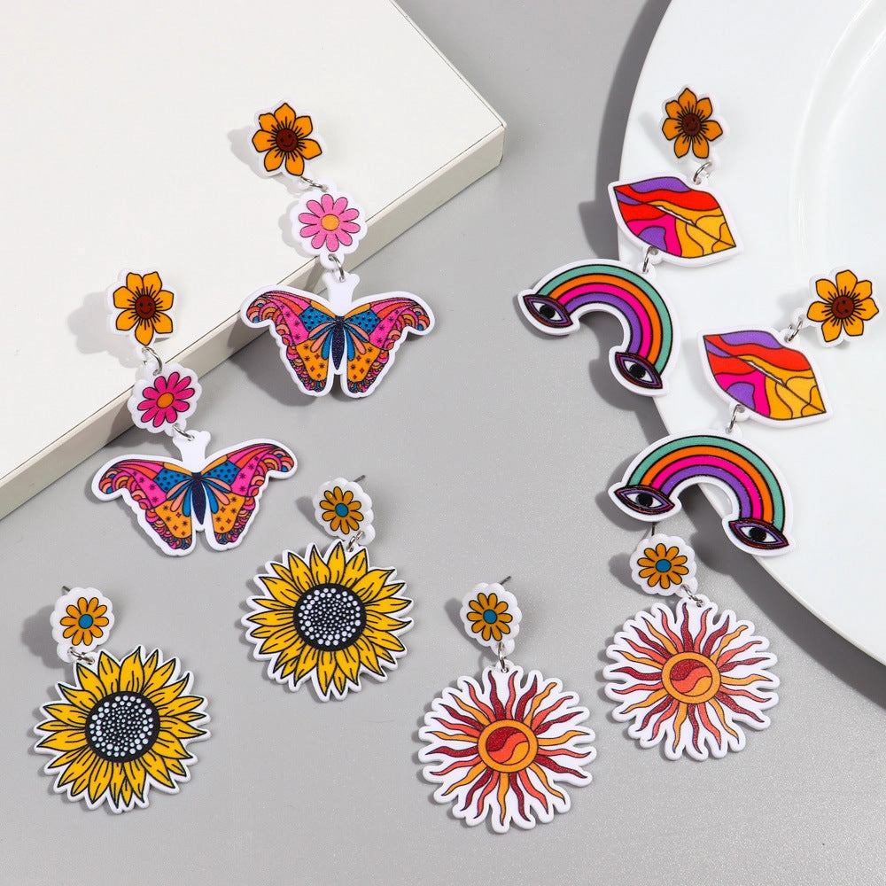 Wholesale Rainbow Print Colorful Butterfly Sunflower Acrylic Earrings