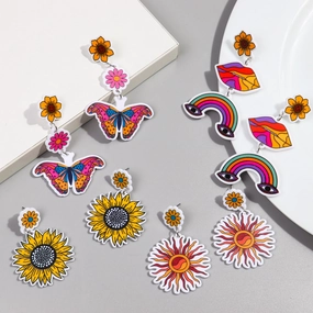 Wholesale Rainbow Print Colorful Butterfly Sunflower Acrylic Earrings