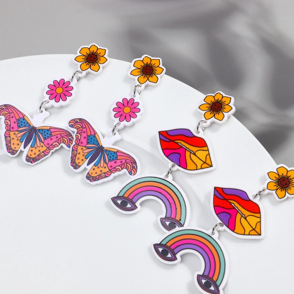 Wholesale Rainbow Print Colorful Butterfly Sunflower Acrylic Earrings