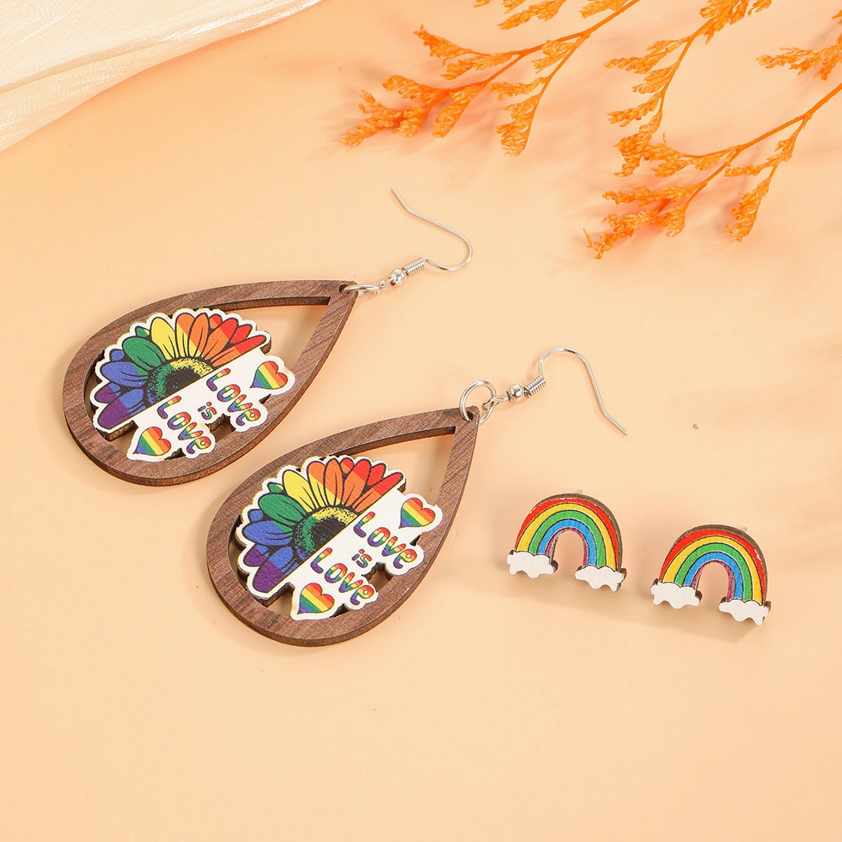 Wholesale Rainbow Print Peace Sign Wooden Earrings