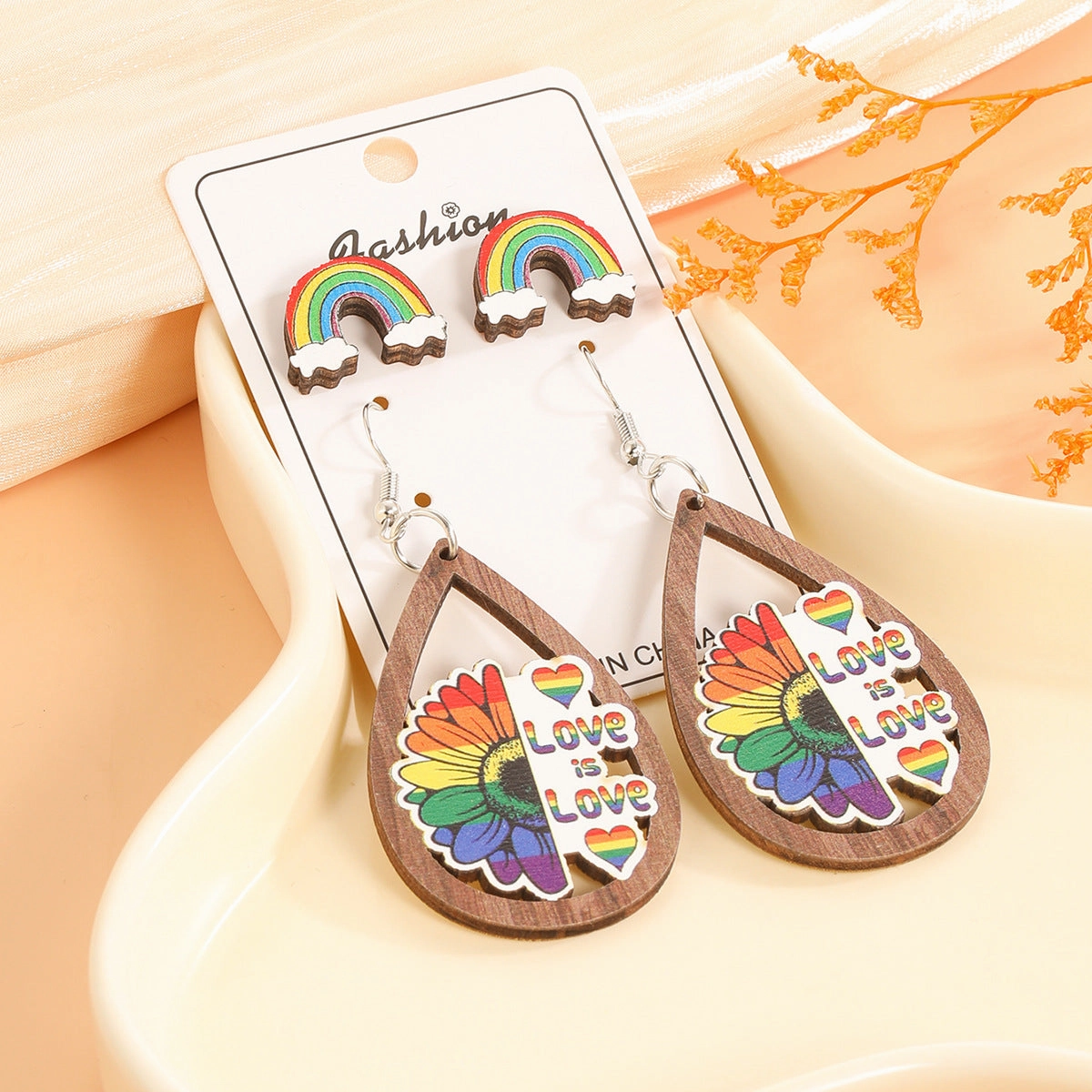 Wholesale Rainbow Print Peace Sign Wooden Earrings
