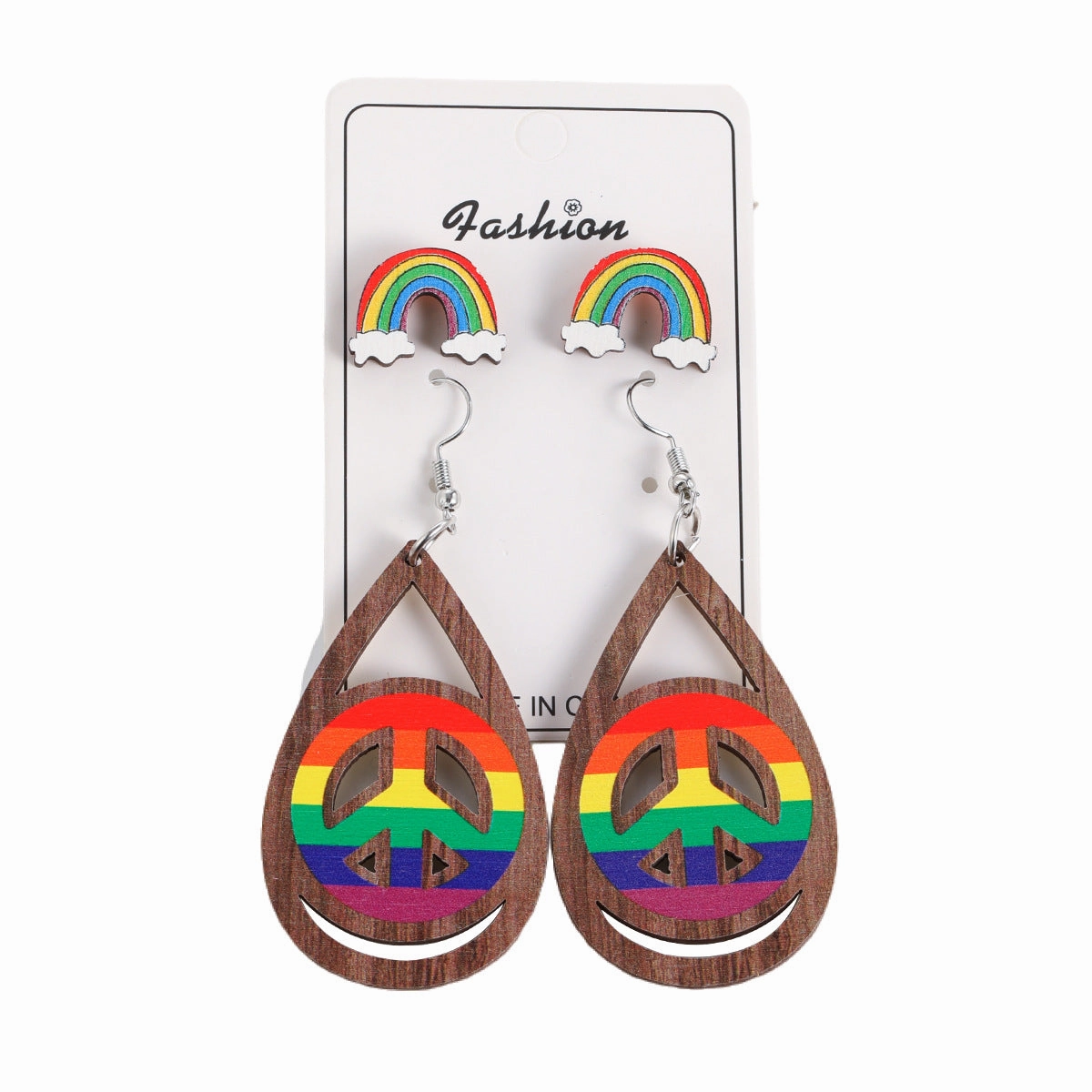 Wholesale Rainbow Print Peace Sign Wooden Earrings