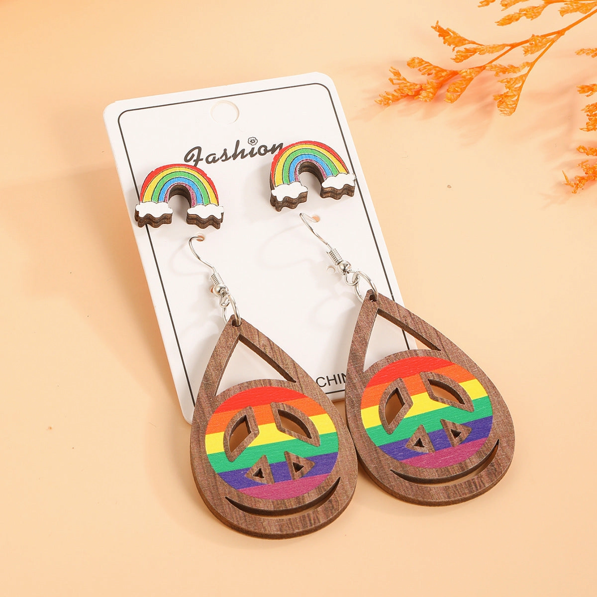 Wholesale Rainbow Print Peace Sign Wooden Earrings