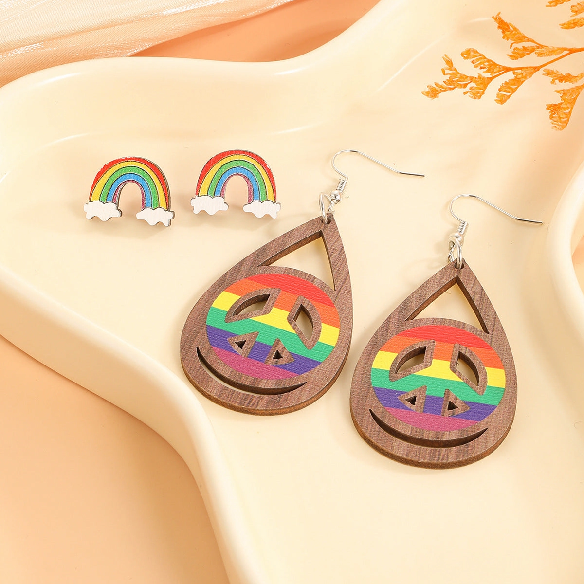 Wholesale Rainbow Print Peace Sign Wooden Earrings