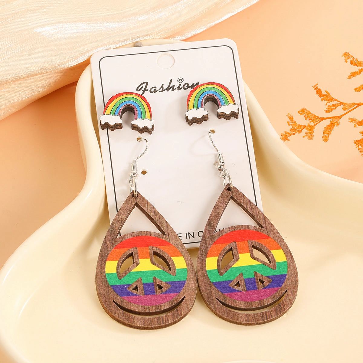 Wholesale Rainbow Print Peace Sign Wooden Earrings