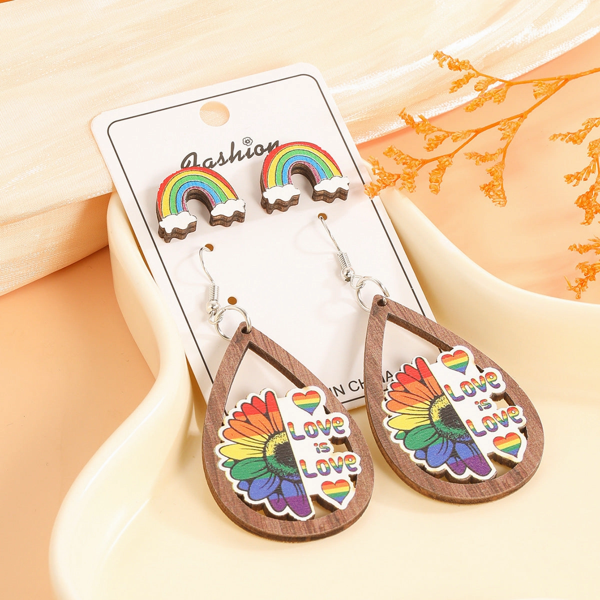 Wholesale Rainbow Print Peace Sign Wooden Earrings