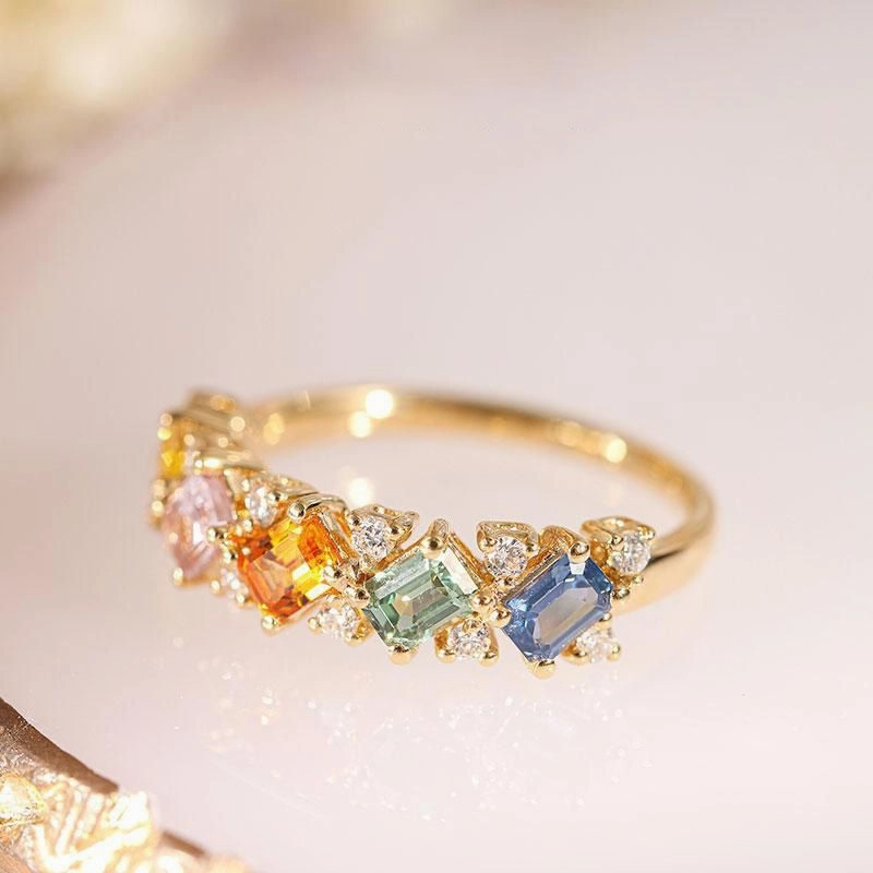 Wholesale Rainbow Series Inlaid Colored Sapphire Bronze Rings