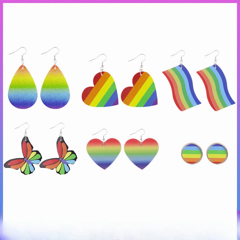 Wholesale Rainbow Stripe Love Butterfly Drop Leather Earrings