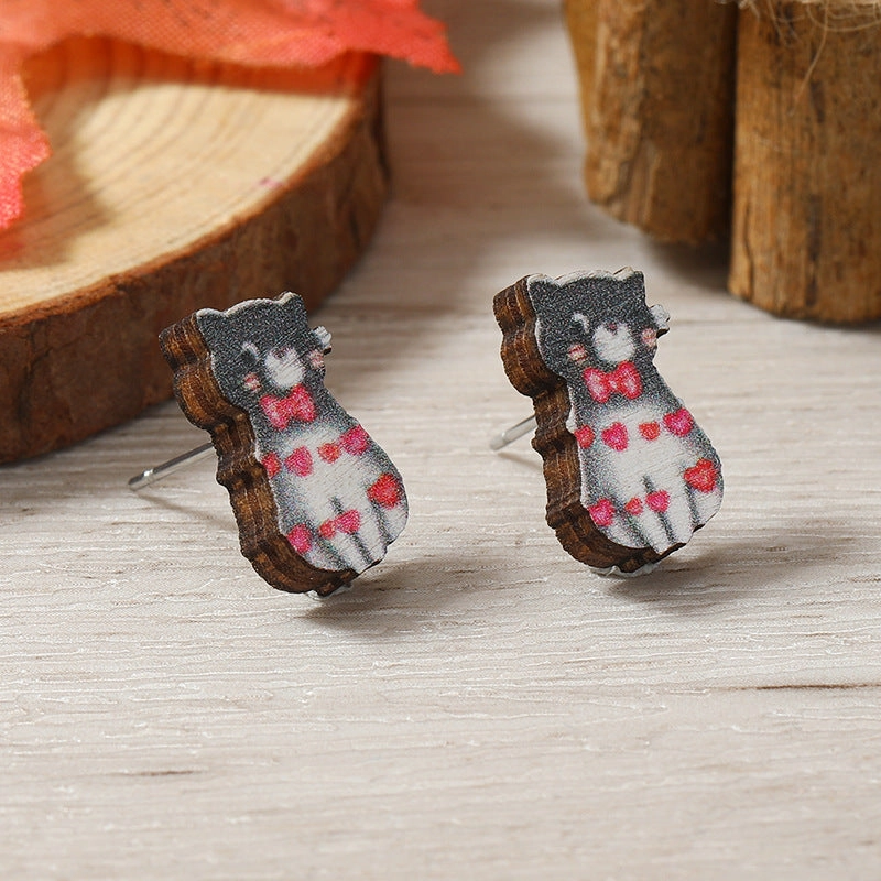 Wholesale Raindrop Umbrella Cat Love Cartoon Wooden Earrings