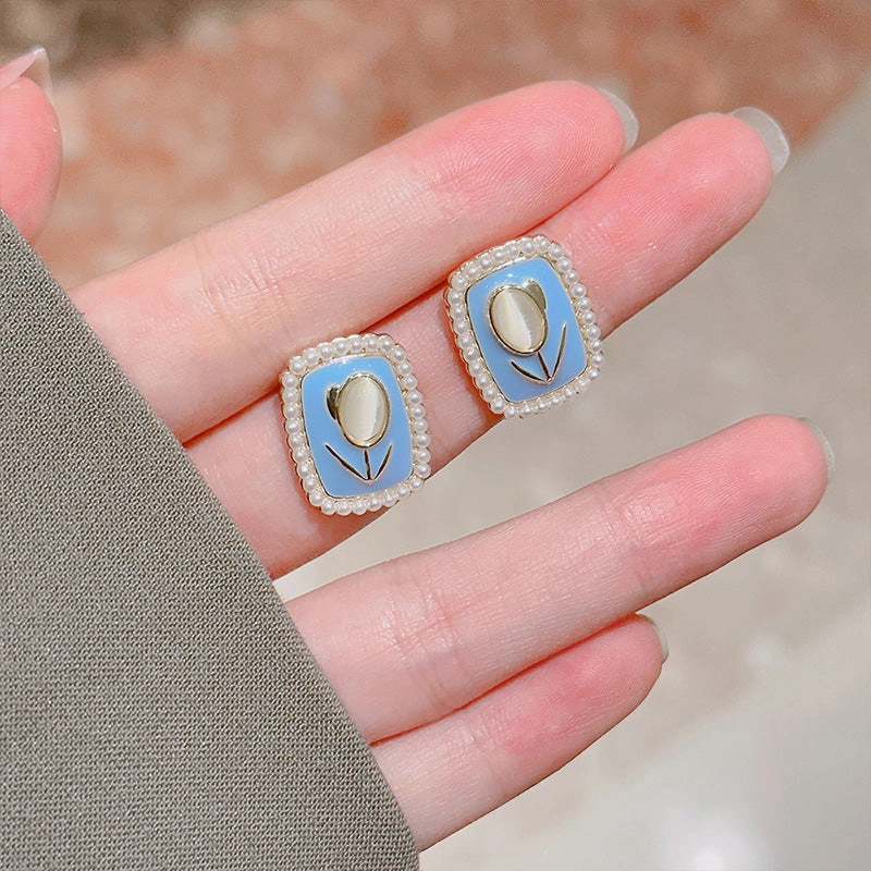 Wholesale Real Gold Plated Silver Pin Opal Flower Pearl Earrings OLY-ES-FL003