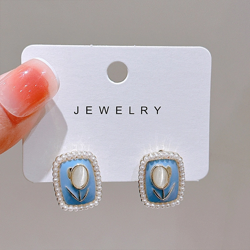 Wholesale Real Gold Plated Silver Pin Opal Flower Pearl Earrings OLY-ES-FL003