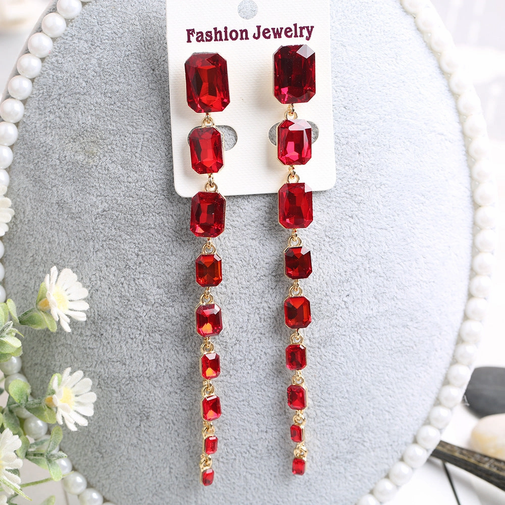 Wholesale Rectangular Crystal Extra Long Chain Earrings