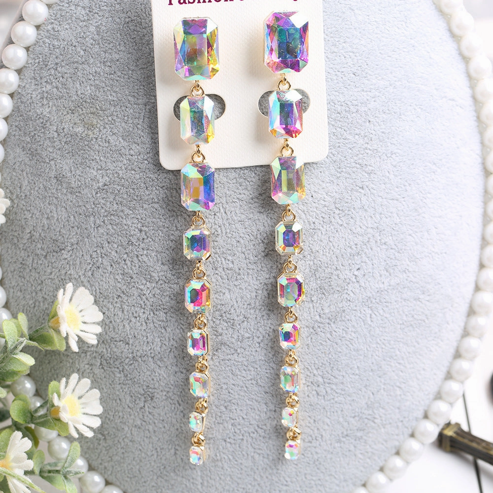 Wholesale Rectangular Crystal Extra Long Chain Earrings