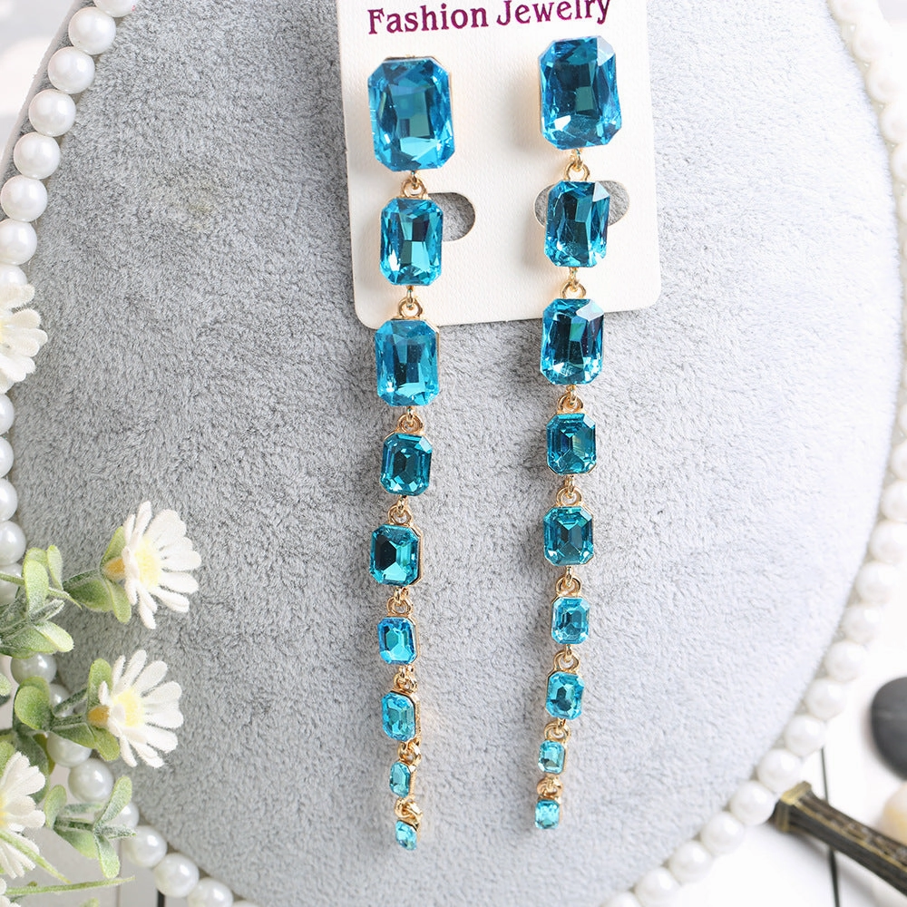 Wholesale Rectangular Crystal Extra Long Chain Earrings