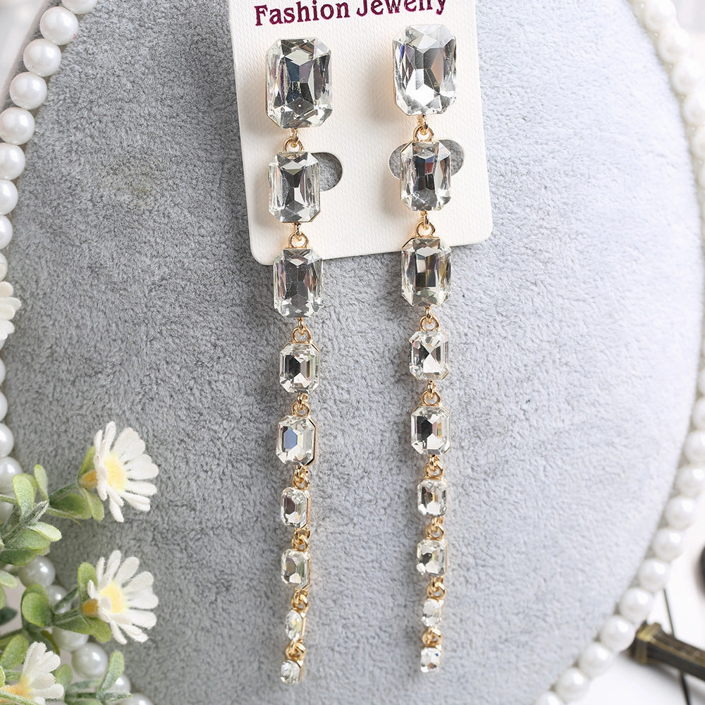 Wholesale Rectangular Crystal Extra Long Chain Earrings