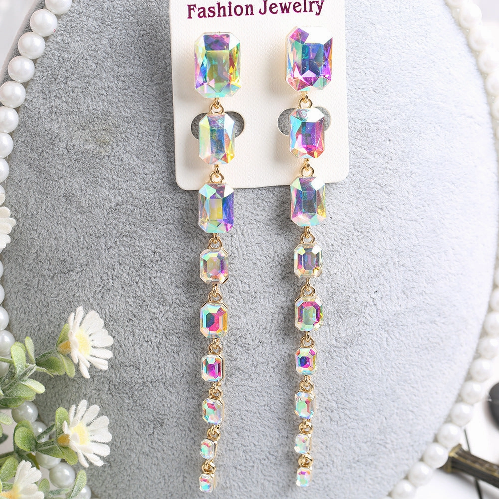 Wholesale Rectangular Crystal Extra Long Chain Earrings