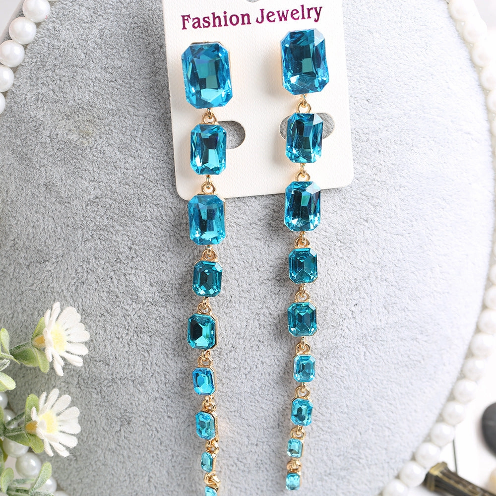 Wholesale Rectangular Crystal Extra Long Chain Earrings