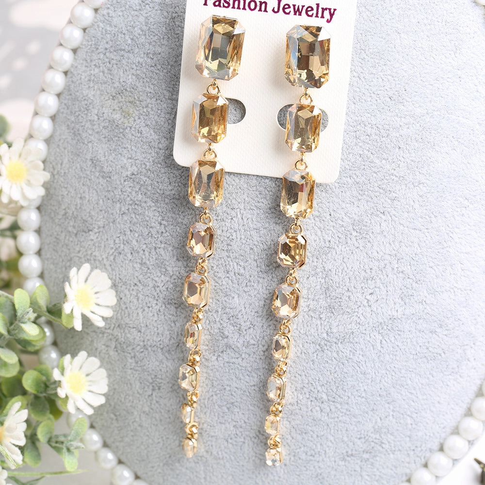 Wholesale Rectangular Crystal Extra Long Chain Earrings