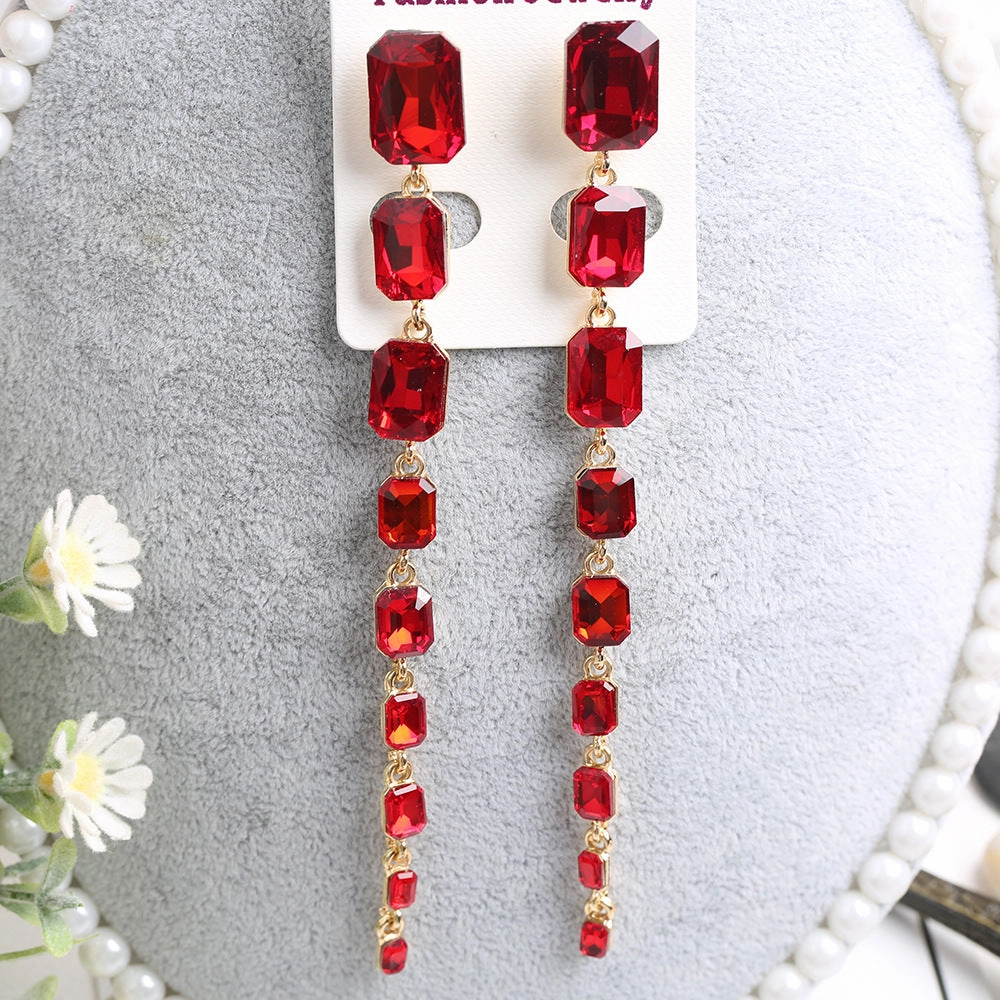 Wholesale Rectangular Crystal Extra Long Chain Earrings