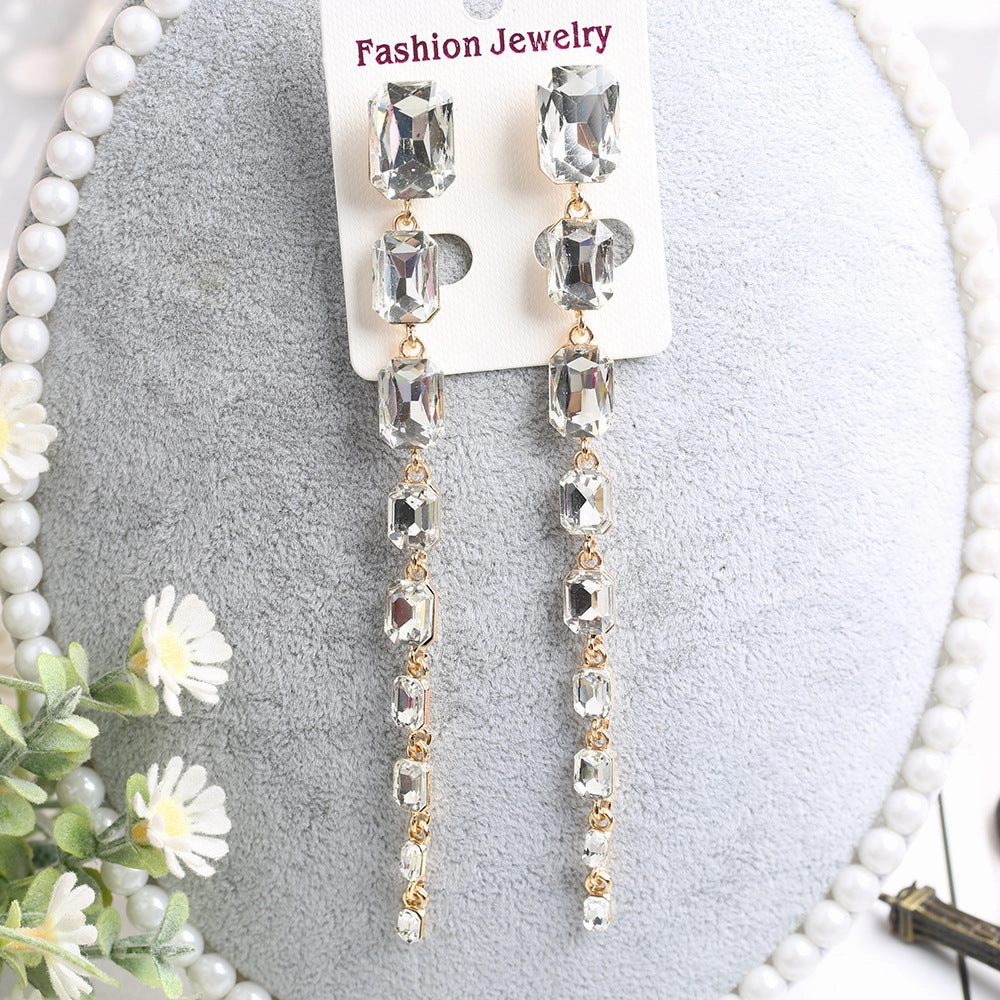 Wholesale Rectangular Crystal Extra Long Chain Earrings
