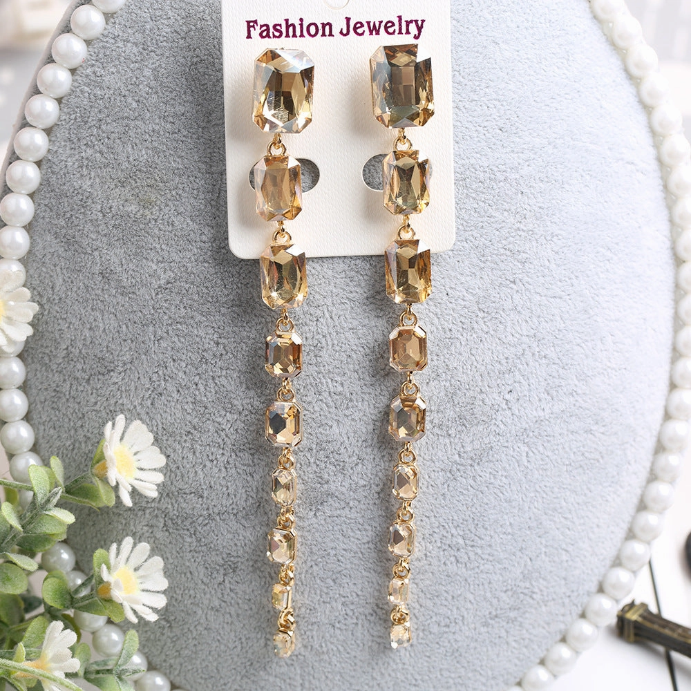 Wholesale Rectangular Crystal Extra Long Chain Earrings