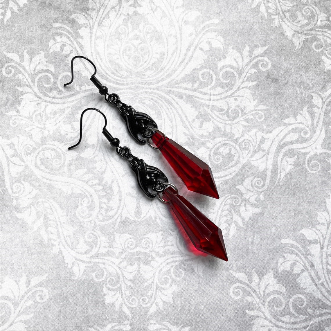 Wholesale Red Black Gemstone Pendant Dark Bat Alloy Earrings