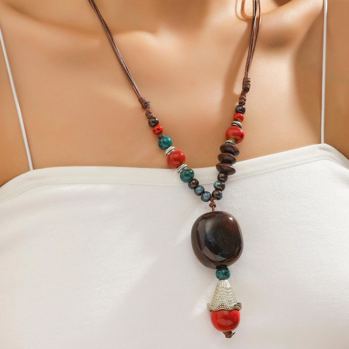 Wholesale Red Pendant Long Ceramic Necklace