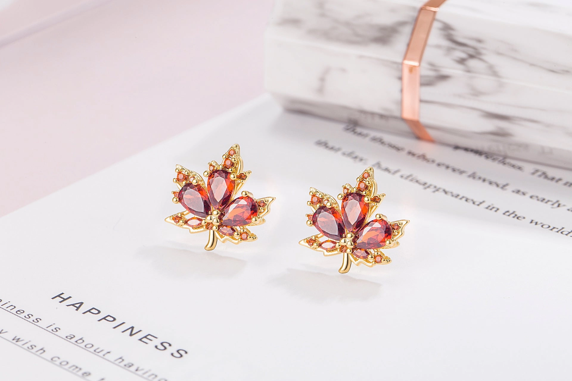 Wholesale Red Zircon Maple Leaf Copper Earrings