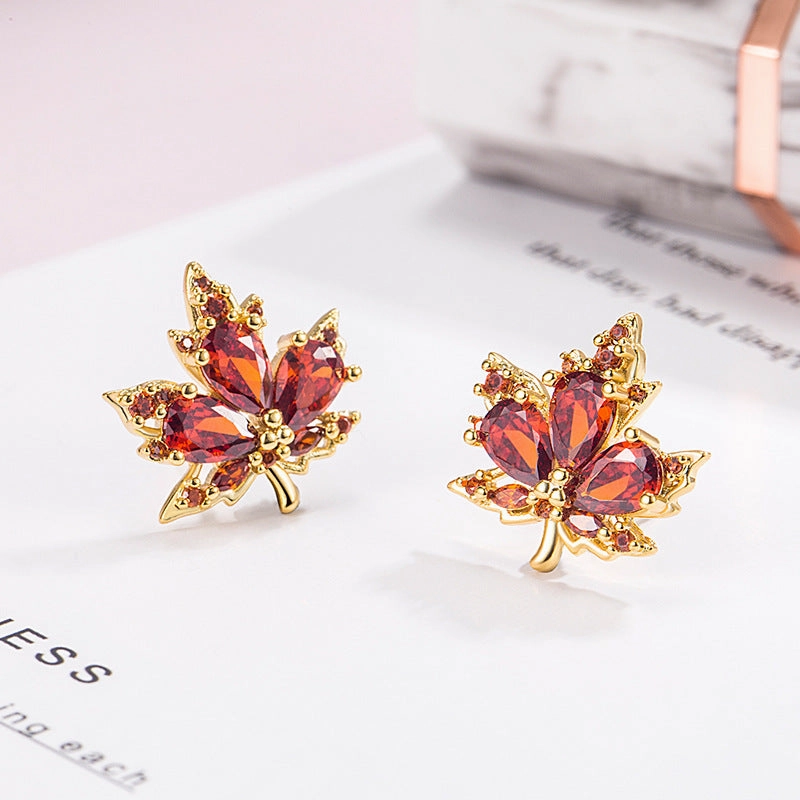 Wholesale Red Zircon Maple Leaf Copper Earrings