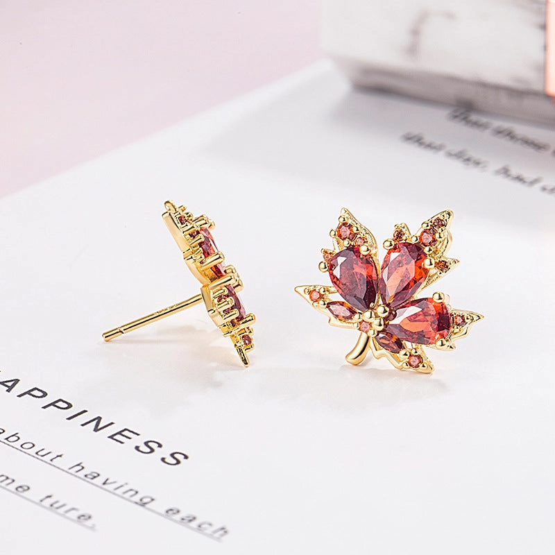 Wholesale Red Zircon Maple Leaf Copper Earrings