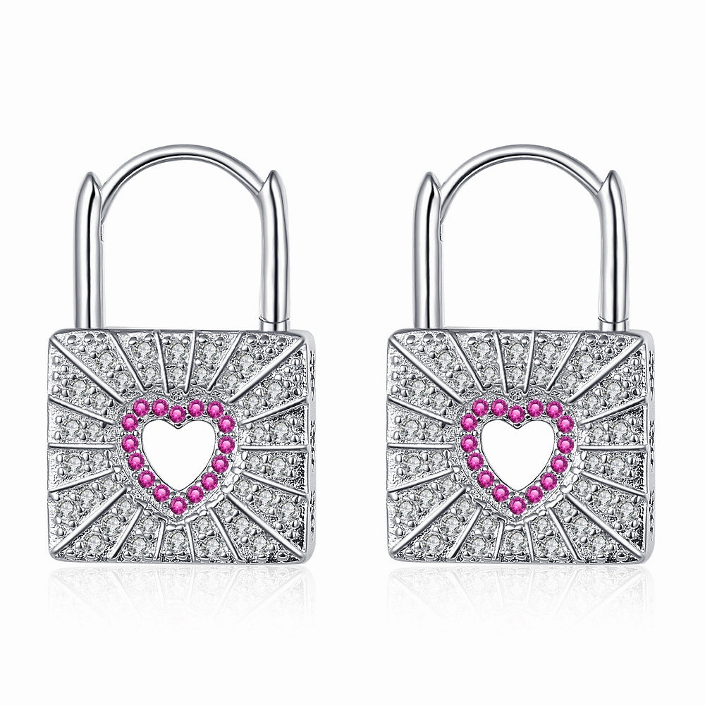 Wholesale Red Zirconia Diamond Heart Lock Copper Earrings