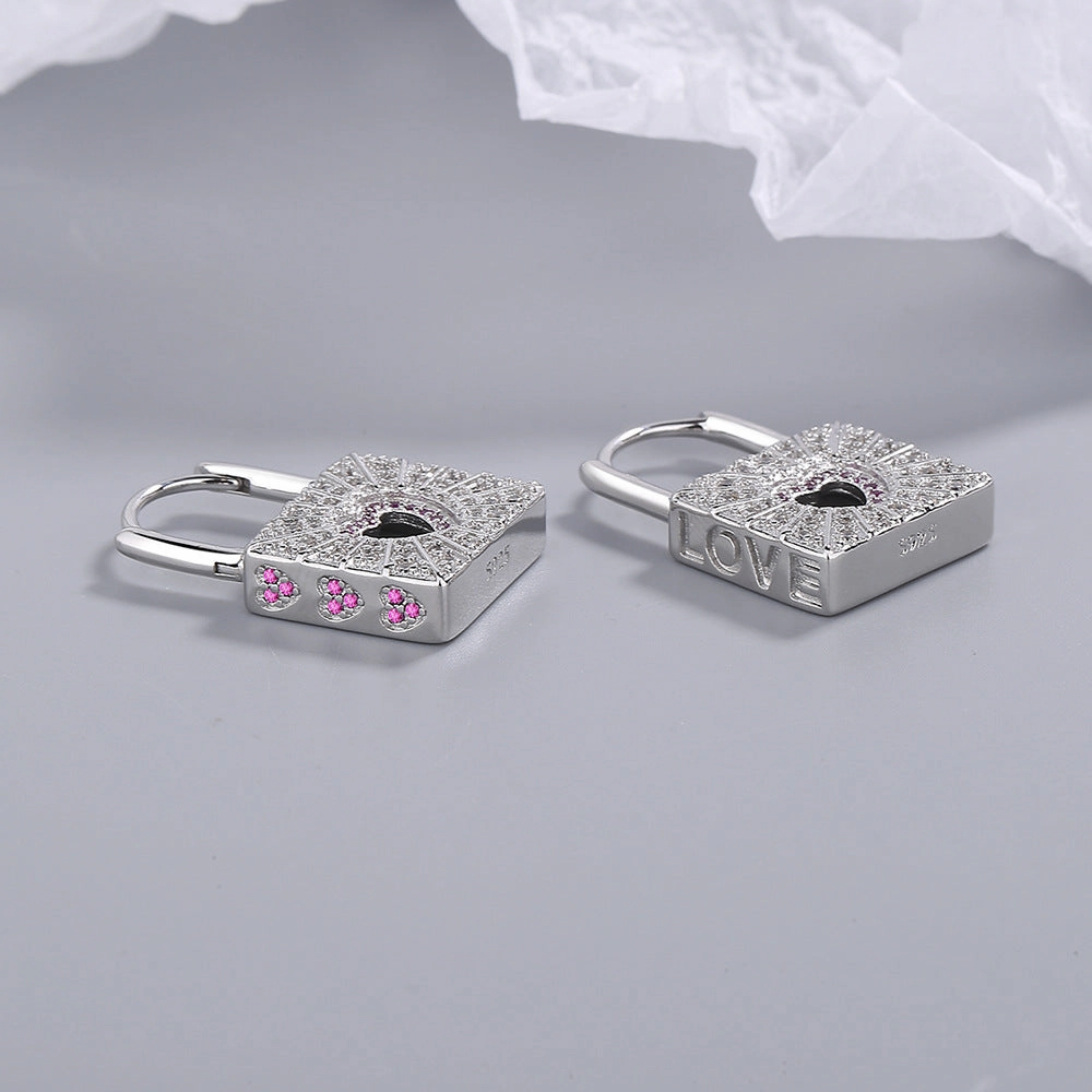 Wholesale Red Zirconia Diamond Heart Lock Copper Earrings