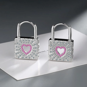 Wholesale Red Zirconia Diamond Heart Lock Copper Earrings