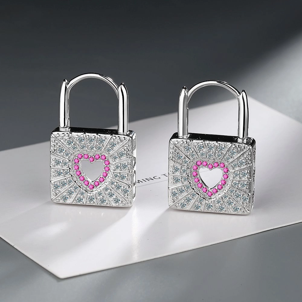 Wholesale Red Zirconia Diamond Heart Lock Copper Earrings