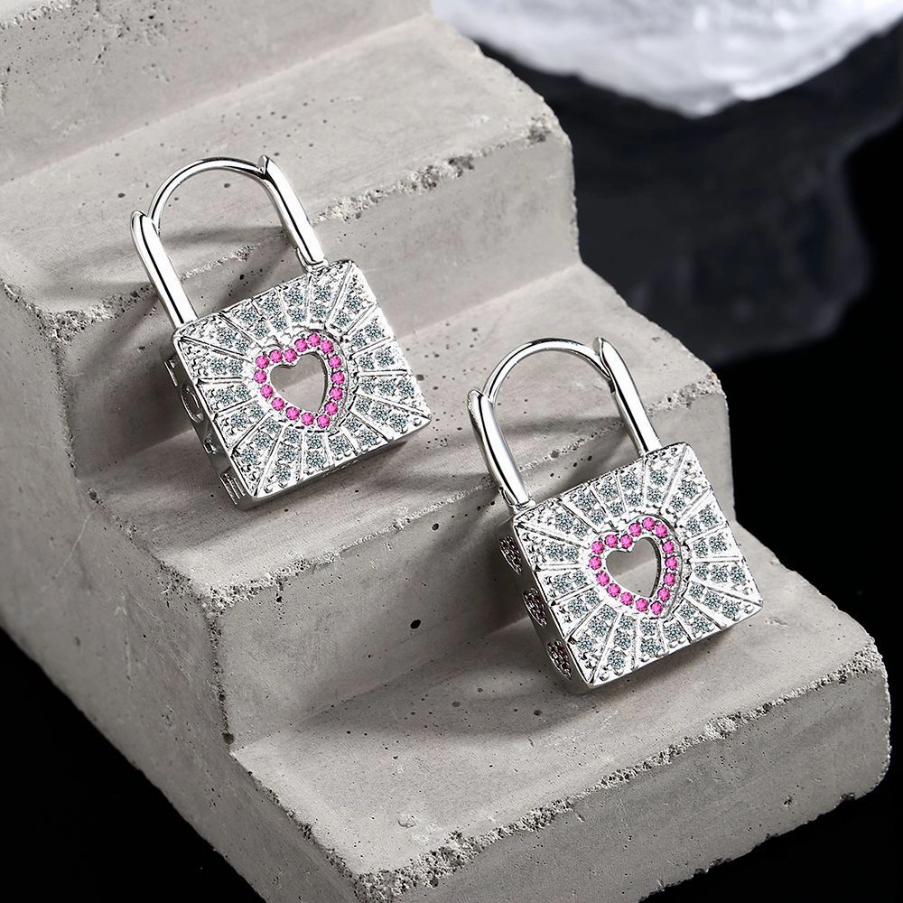 Wholesale Red Zirconia Diamond Heart Lock Copper Earrings