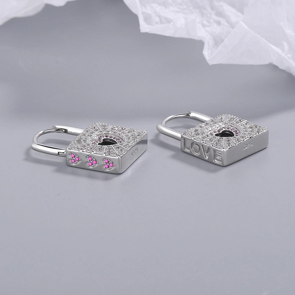 Wholesale Red Zirconia Diamond Heart Lock Copper Earrings