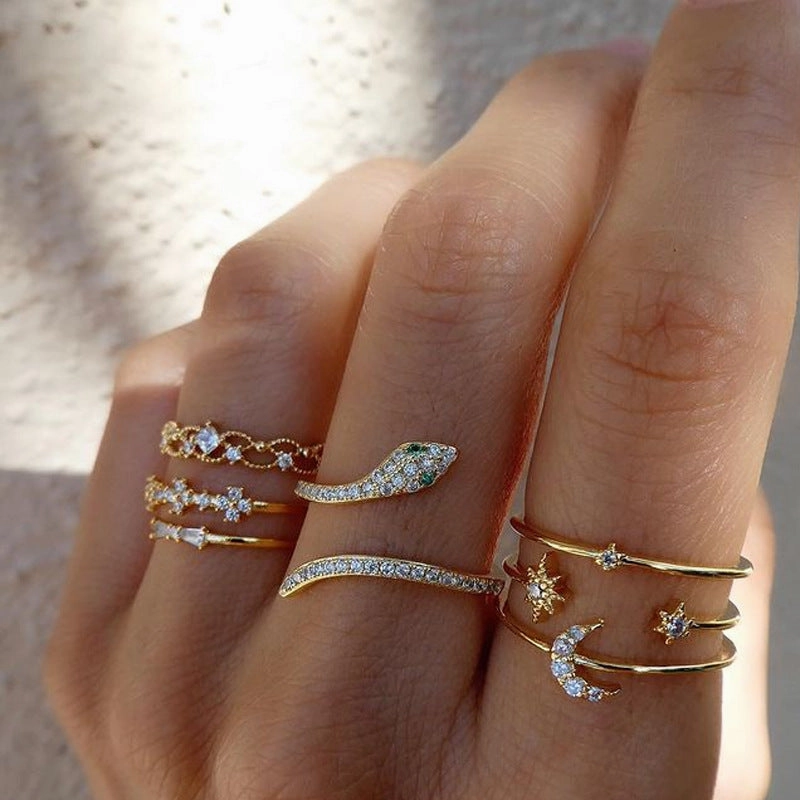 Wholesale Refers To The 7-piece Combination Set of Stars, Moons, Gemstones, and Snake Shaped Rings