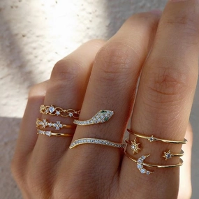 Wholesale Refers To The 7-piece Combination Set of Stars, Moons, Gemstones, and Snake Shaped Rings