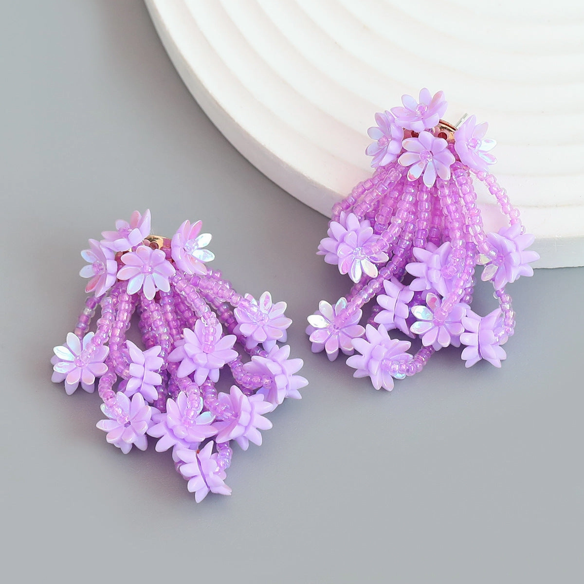 Wholesale Resin Floral Multilayer Rice Bead Tassel Earrings