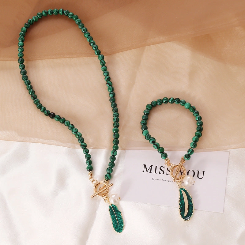 Wholesale Resin Malachite Leaf Pearl Oil Drop Necklace