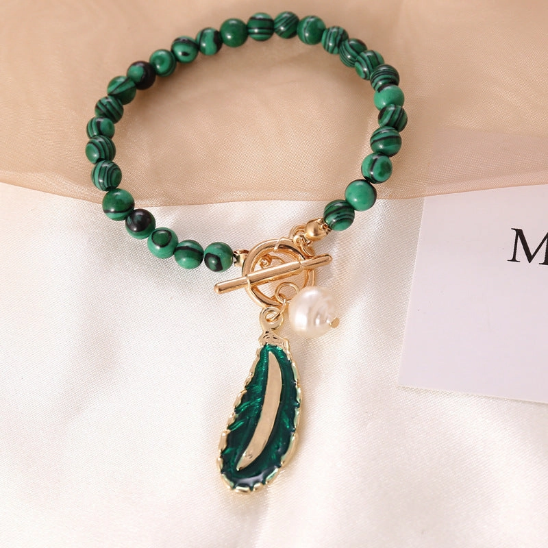 Wholesale Resin Malachite Leaf Pearl Oil Drop Necklace