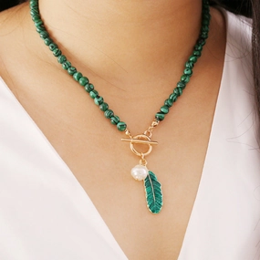 Wholesale Resin Malachite Leaf Pearl Oil Drop Necklace