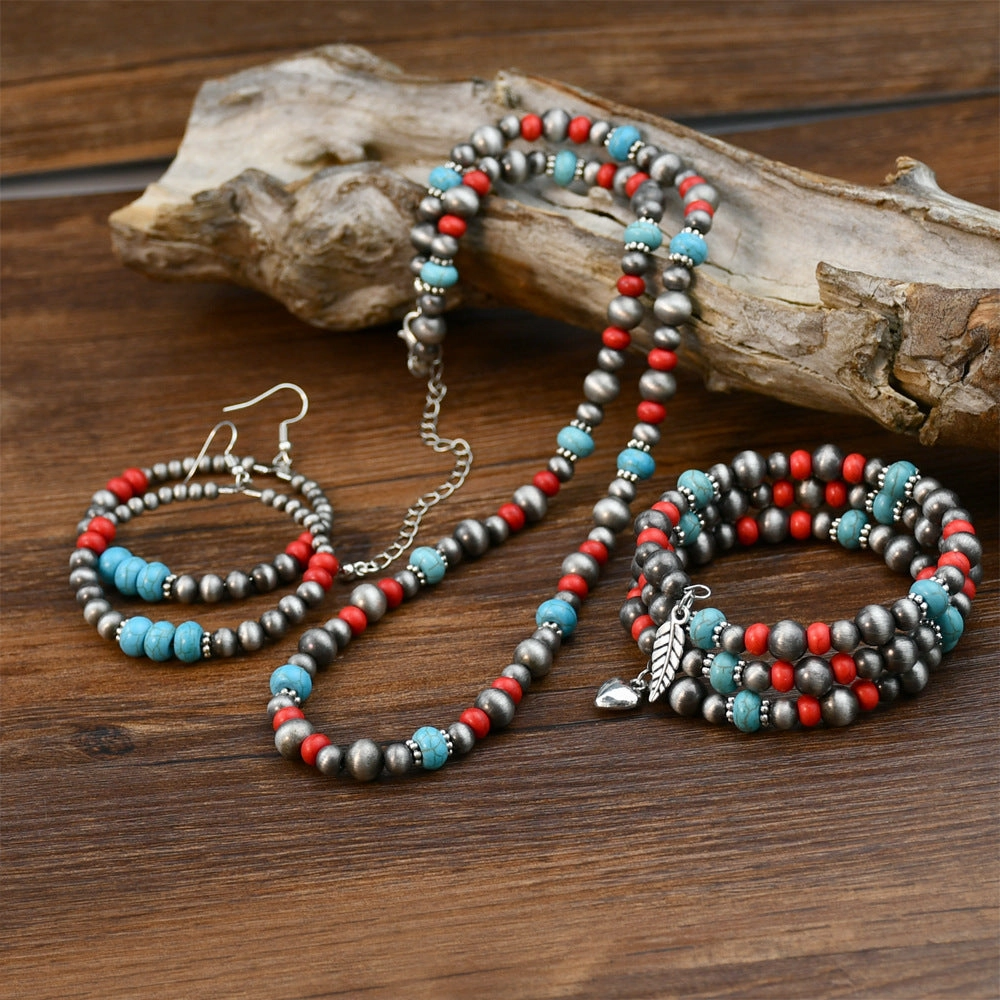 Wholesale Retro Bohemian red turquoise beaded jewelry ethnic style ancient tin necklace earrings bracelet three-piece set