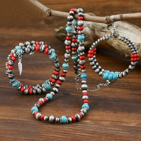 Wholesale Retro Bohemian red turquoise beaded jewelry ethnic style ancient tin necklace earrings bracelet three-piece set