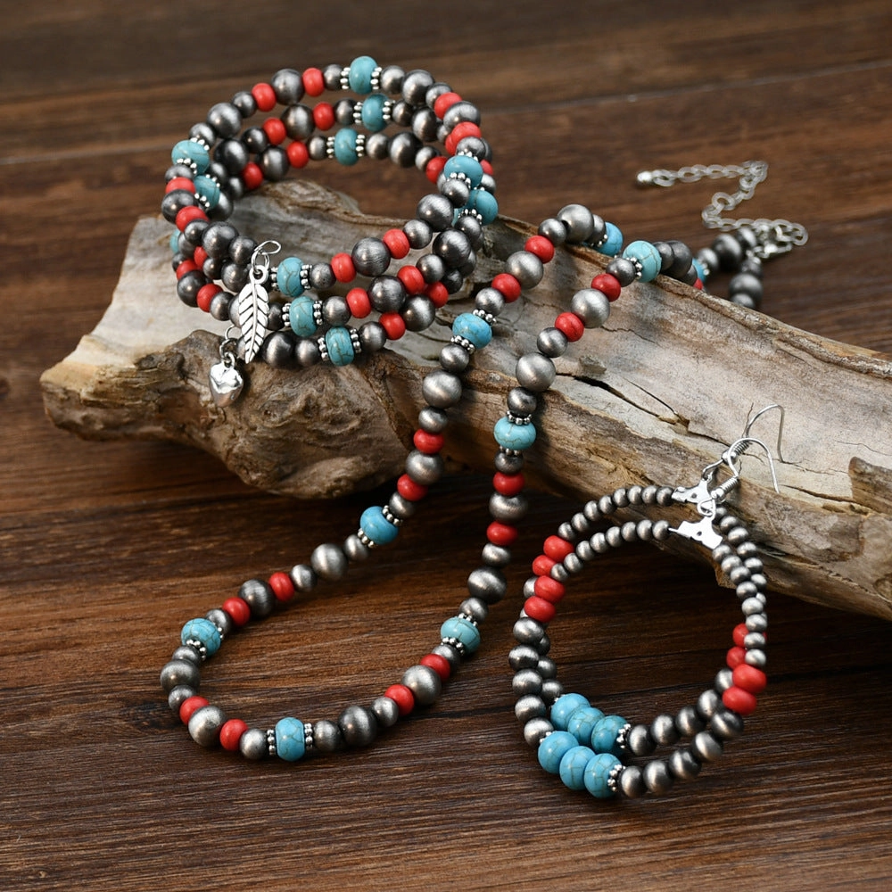 Wholesale Retro Bohemian red turquoise beaded jewelry ethnic style ancient tin necklace earrings bracelet three-piece set