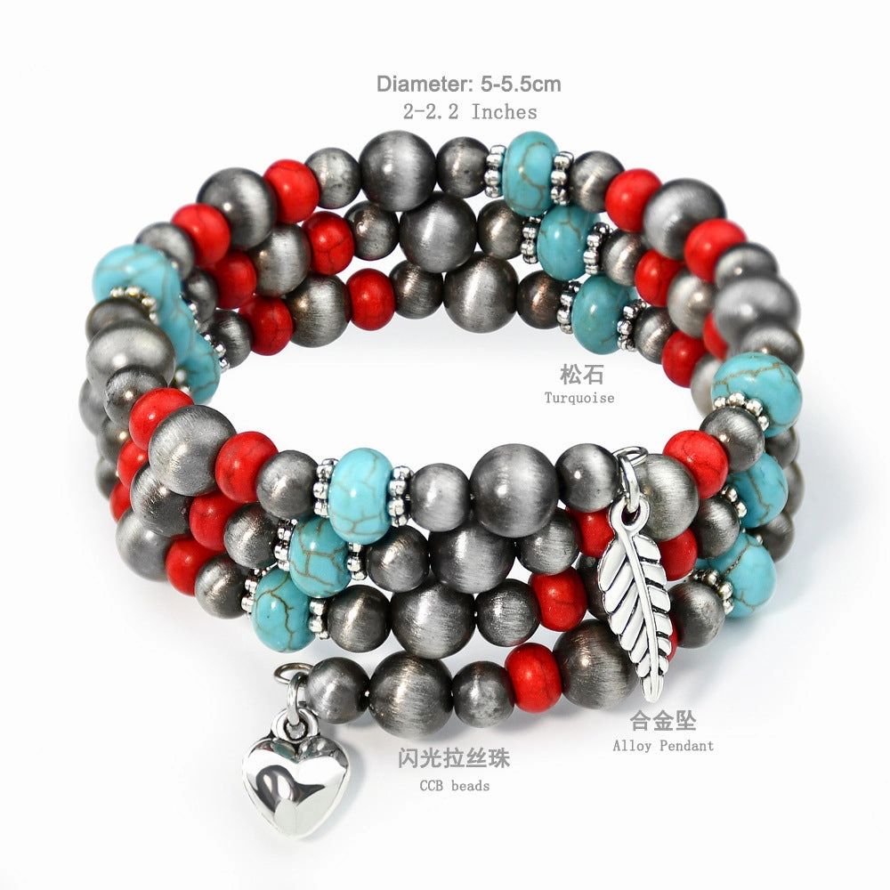 Wholesale Retro Bohemian red turquoise beaded jewelry ethnic style ancient tin necklace earrings bracelet three-piece set