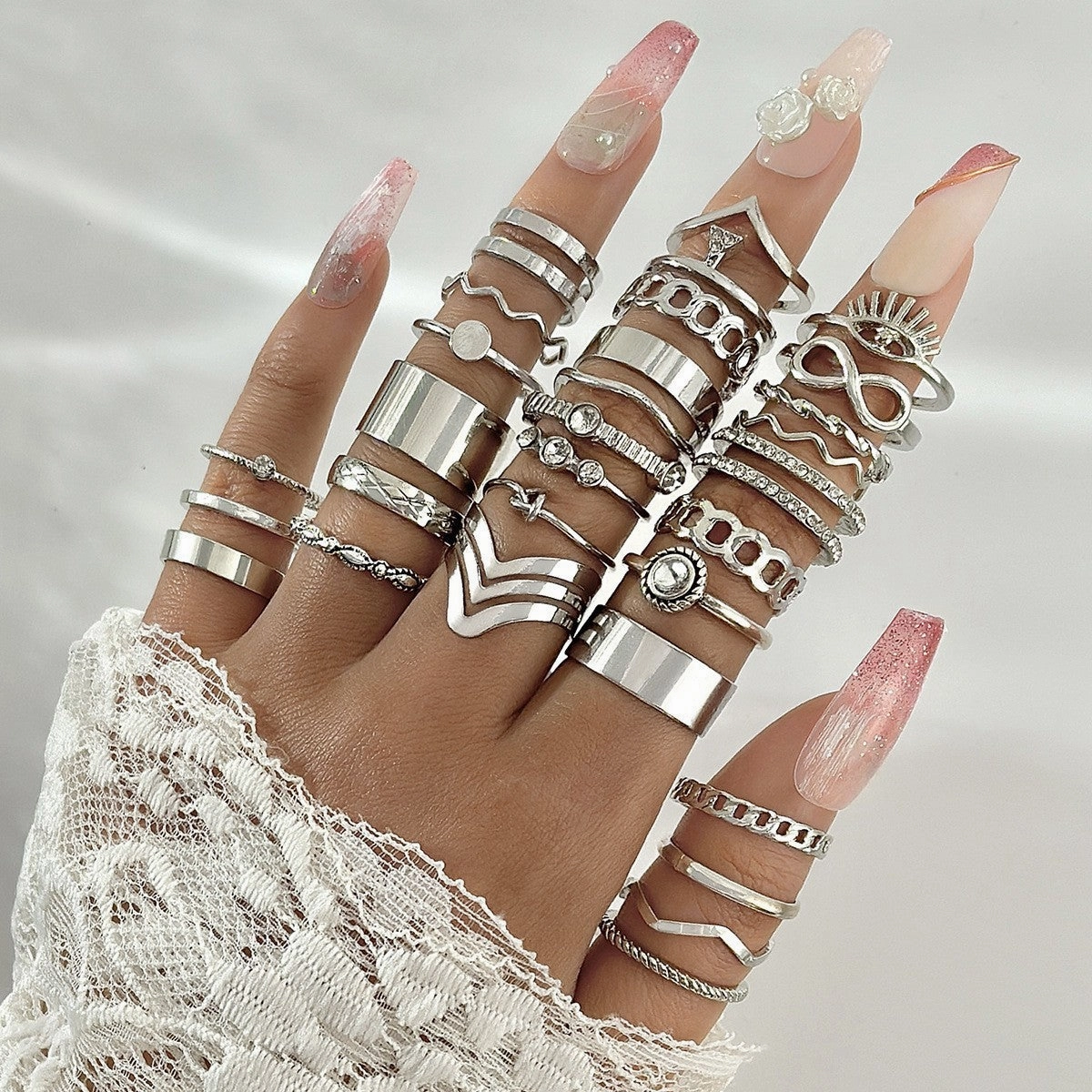 Wholesale Retro Butterfly Flower Moon Ring Punk Snake Stacking Joint Ring Set