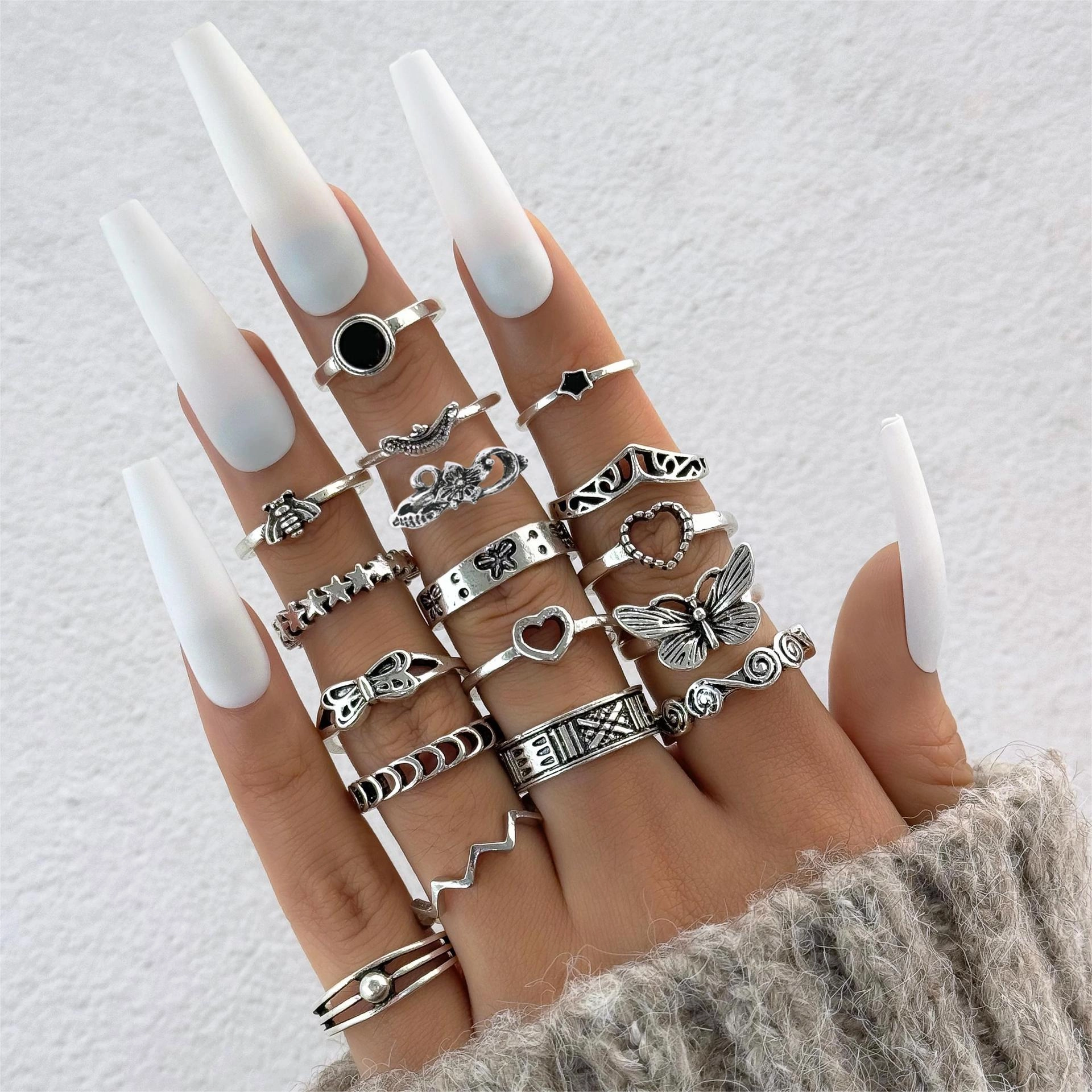 Wholesale Retro Butterfly Flower Moon Ring Punk Snake Stacking Joint Ring Set