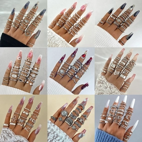 Wholesale Retro Butterfly Flower Moon Ring Punk Snake Stacking Joint Ring Set